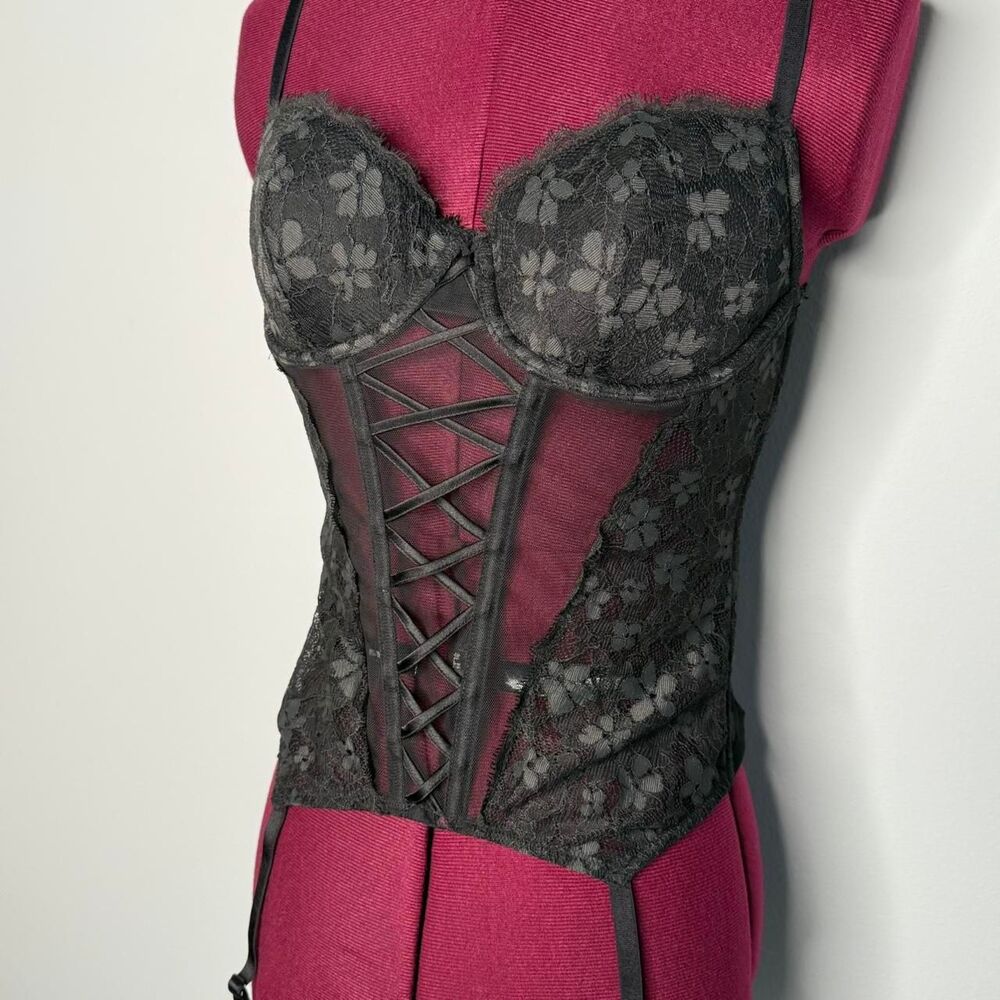 Victoria’s Secret Black Lace Corset with Boning & Garter Straps Size M